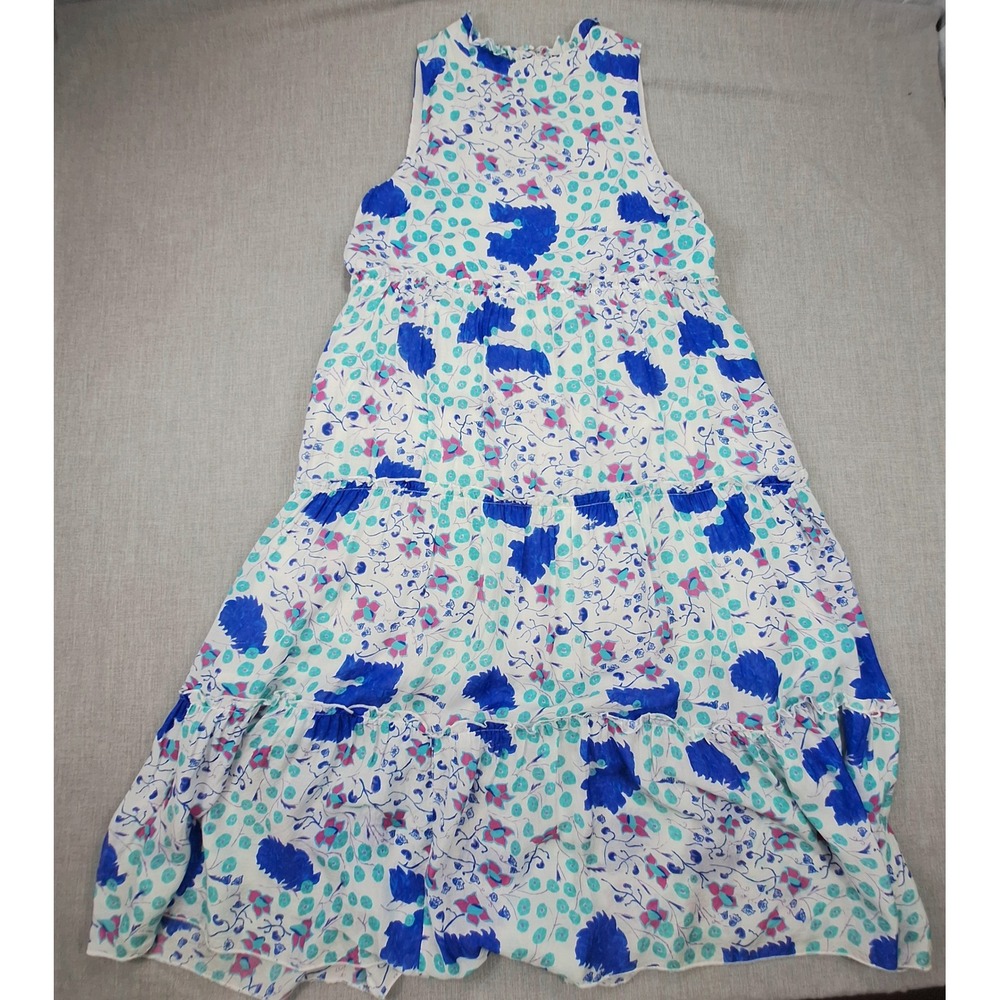Oliphant Womens Blue‎ Teal Floral Cotton Silk Tiered Ruffle Neck Maxi Dress S